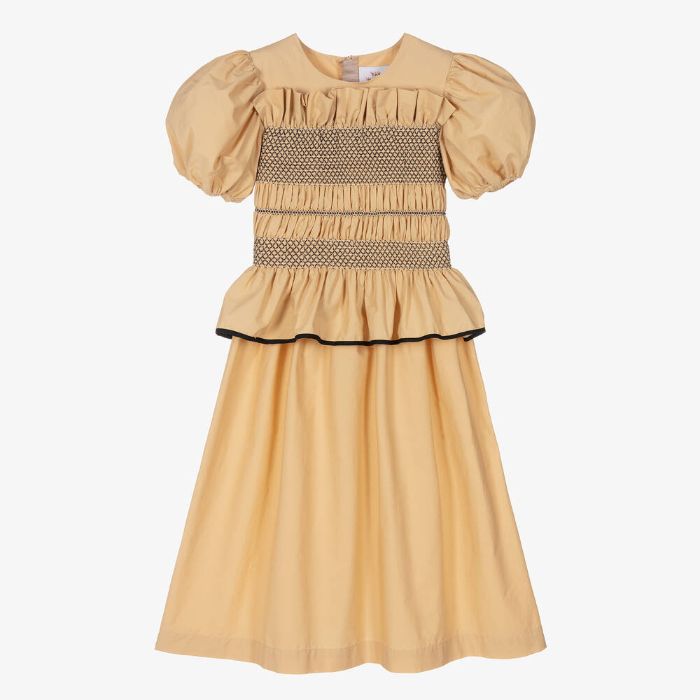 The Middle Daughter - Teen Girls Beige Cotton Shirred Dress | Childrensalon