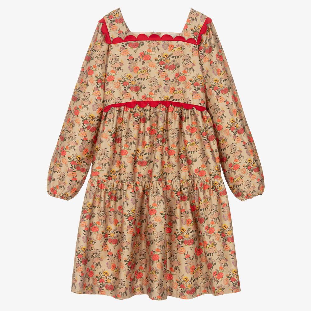 The Middle Daughter - Бежево-красное платье с цветами и фестонами | Childrensalon