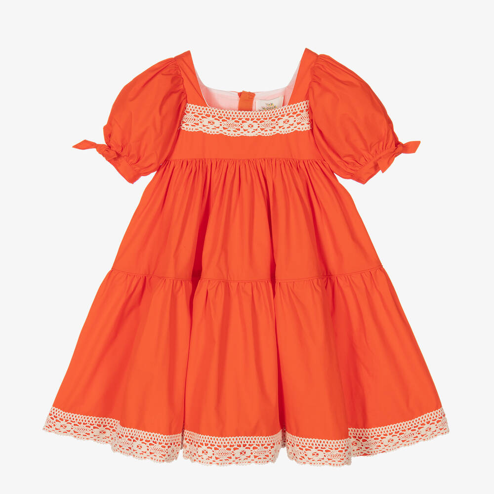 The Middle Daughter - فستان تينز بناتي قطن بطبقات لون أحمر-برتقالي | Childrensalon