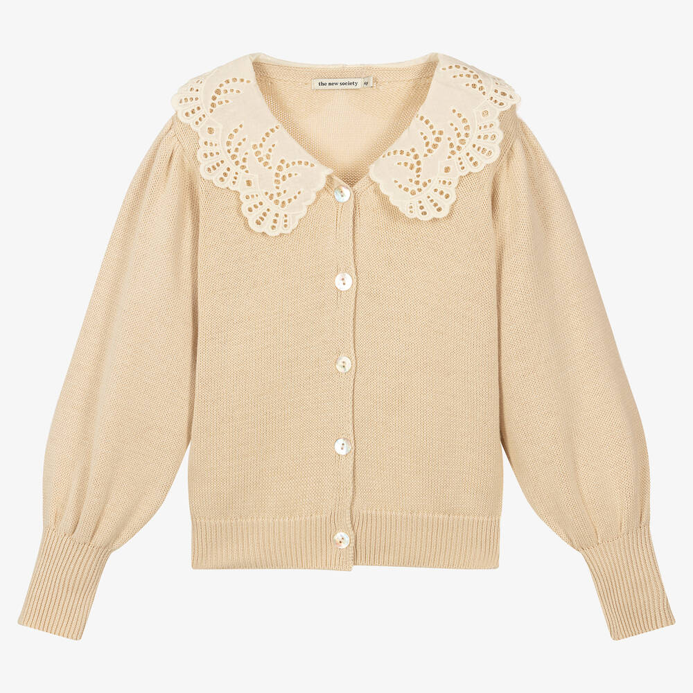 The New Society-Girls Beige Organic Cotton Cardigan | Childrensalon Outlet