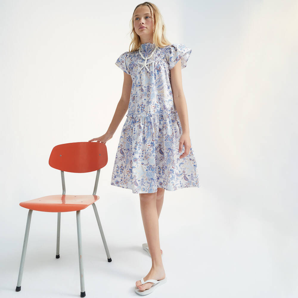 The New Society-Girls Blue Cotton Liberty Print Dress | Childrensalon Outlet