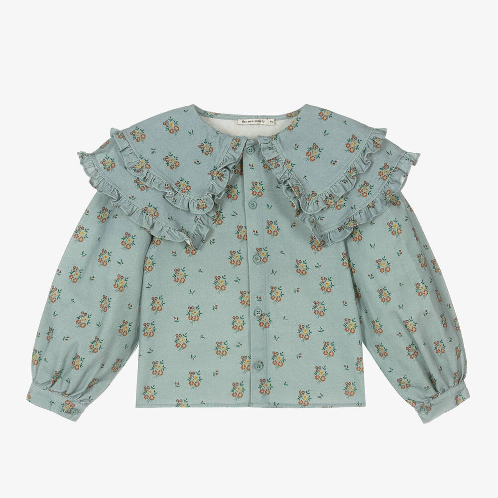 The New Society - Girls Blue Floral Cotton Blouse | Childrensalon