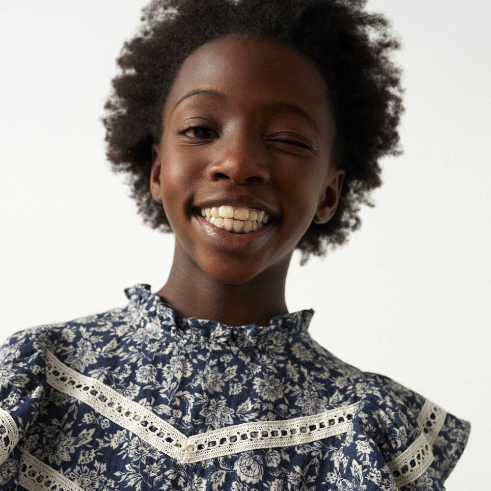 The New Society-Синее хлопковое платье в цветочек | Childrensalon Outlet