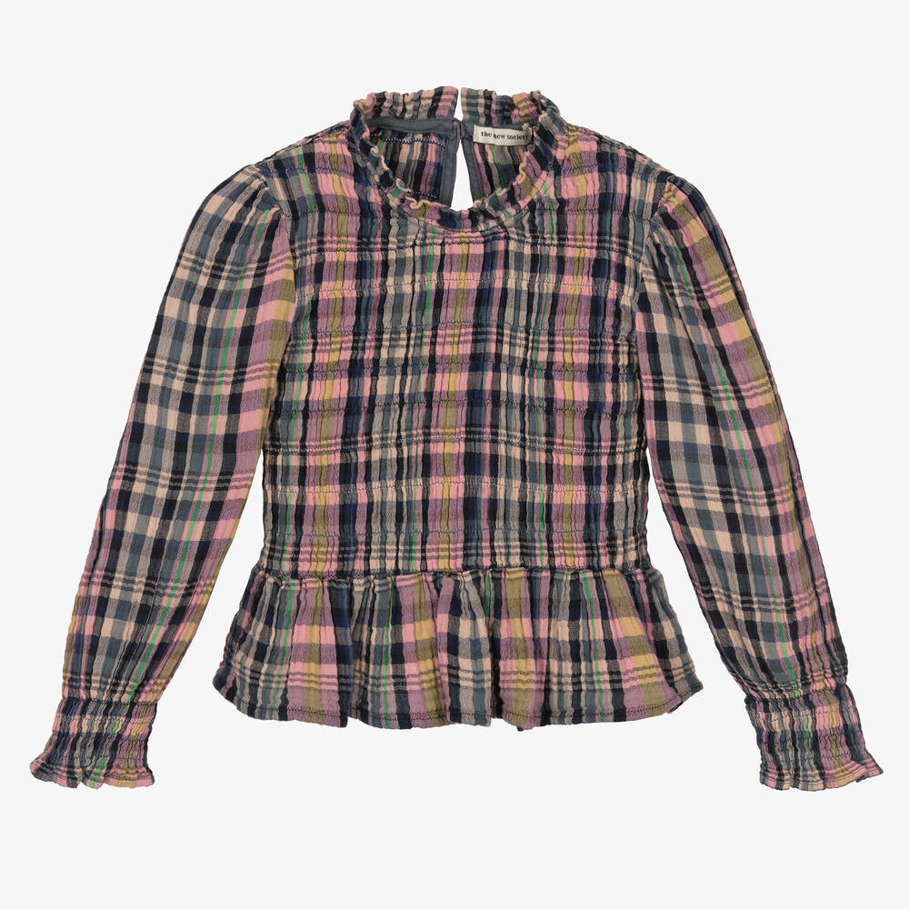 The New Society - Girls Blue & Pink Check Cotton Blouse | Childrensalon