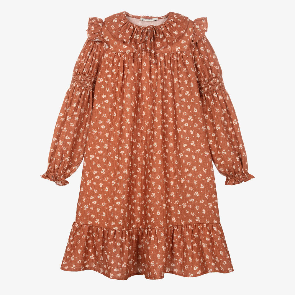 The New Society - Girls Brown Cotton Cheesecloth Dress | Childrensalon