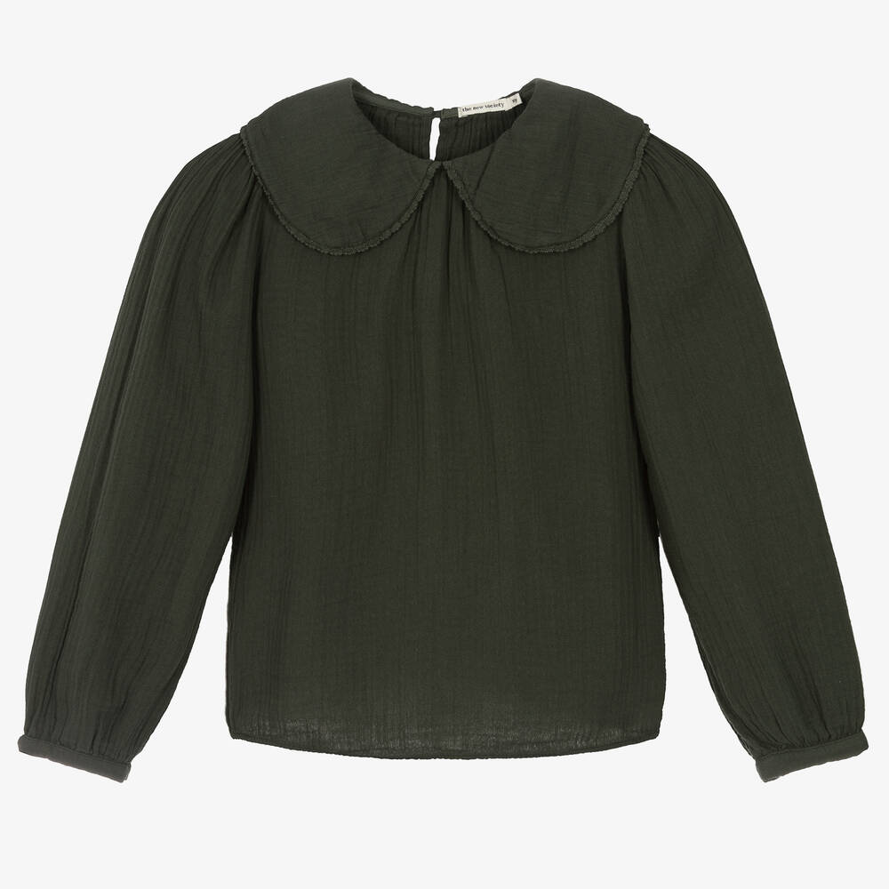 The New Society - Girls Green Cotton Collared Blouse | Childrensalon