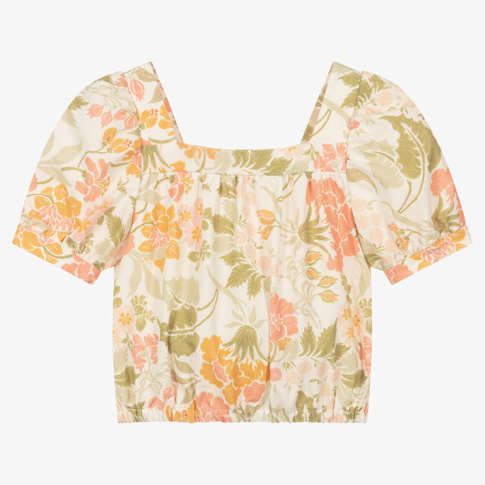 The New Society - Girls Green & Pink Crêpe Floral Blouse | Childrensalon