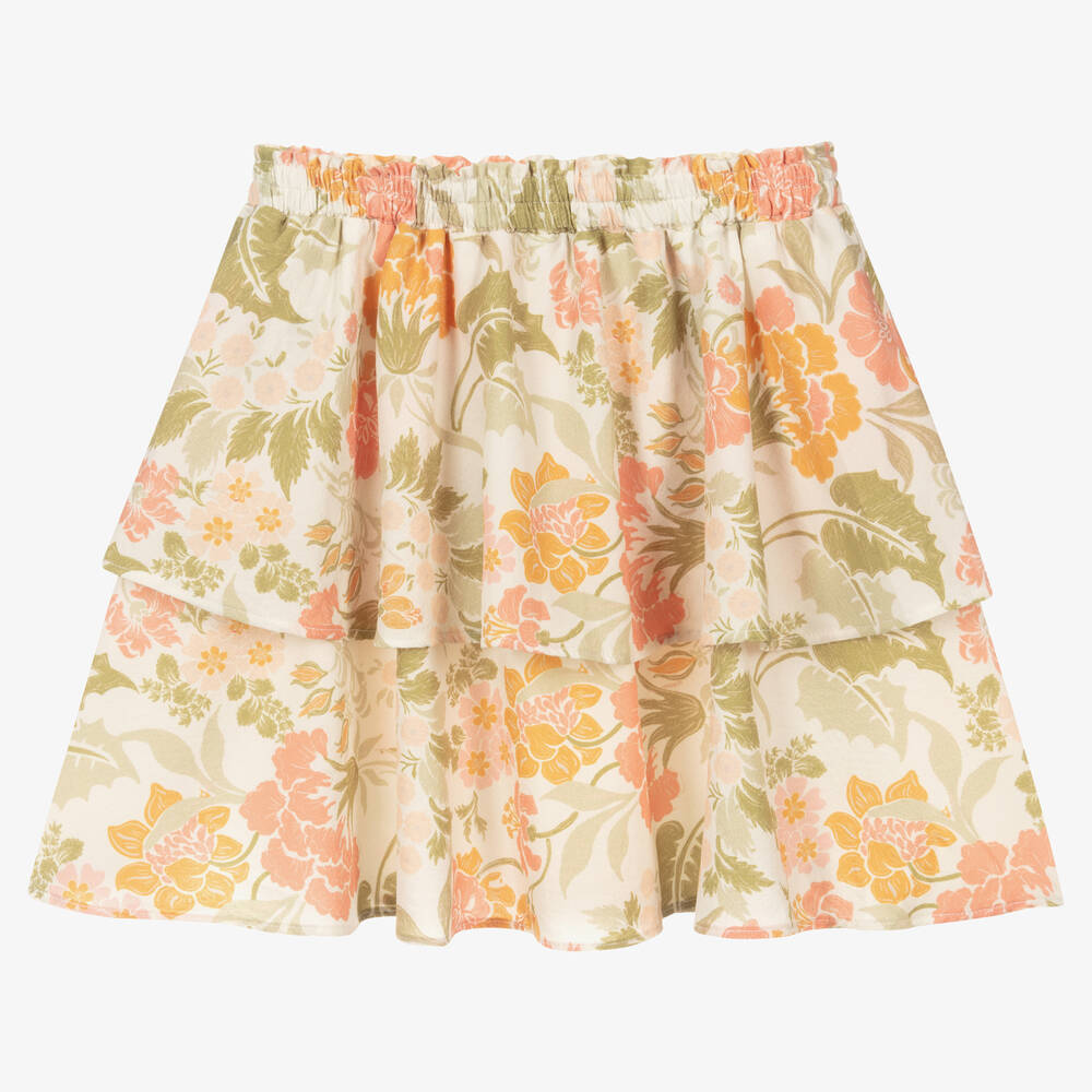 The New Society - Girls Green & Pink Crêpe Floral Skirt | Childrensalon