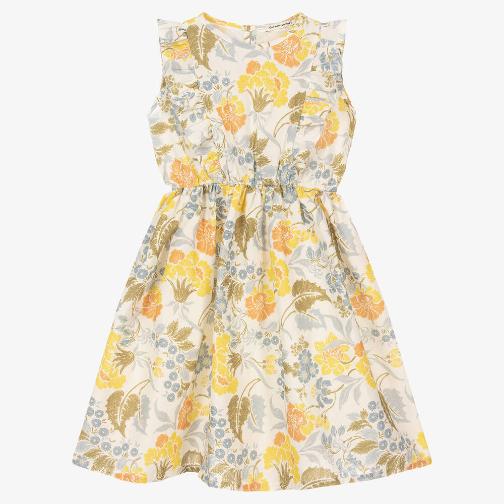 The New Society - Girls Ivory & Blue Botanic Dress | Childrensalon