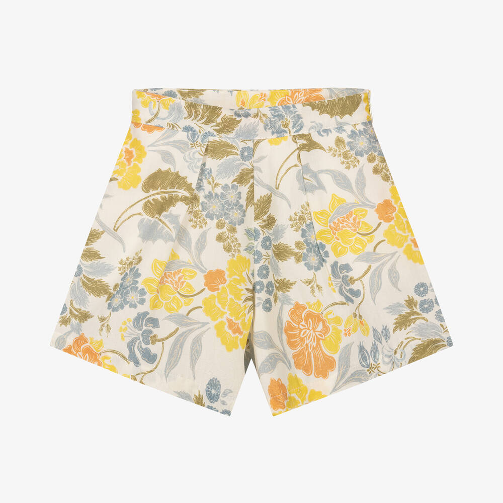 The New Society - Girls Ivory & Blue Botanic Shorts | Childrensalon