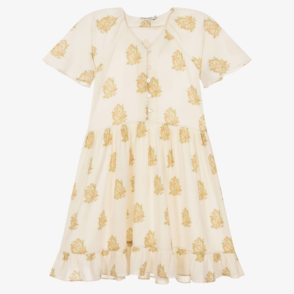 The New Society - Girls Ivory Cotton Floral Dress | Childrensalon