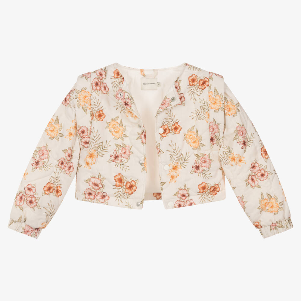 The New Society-Girls Ivory Floral Quilted Jacket | Childrensalon Outlet