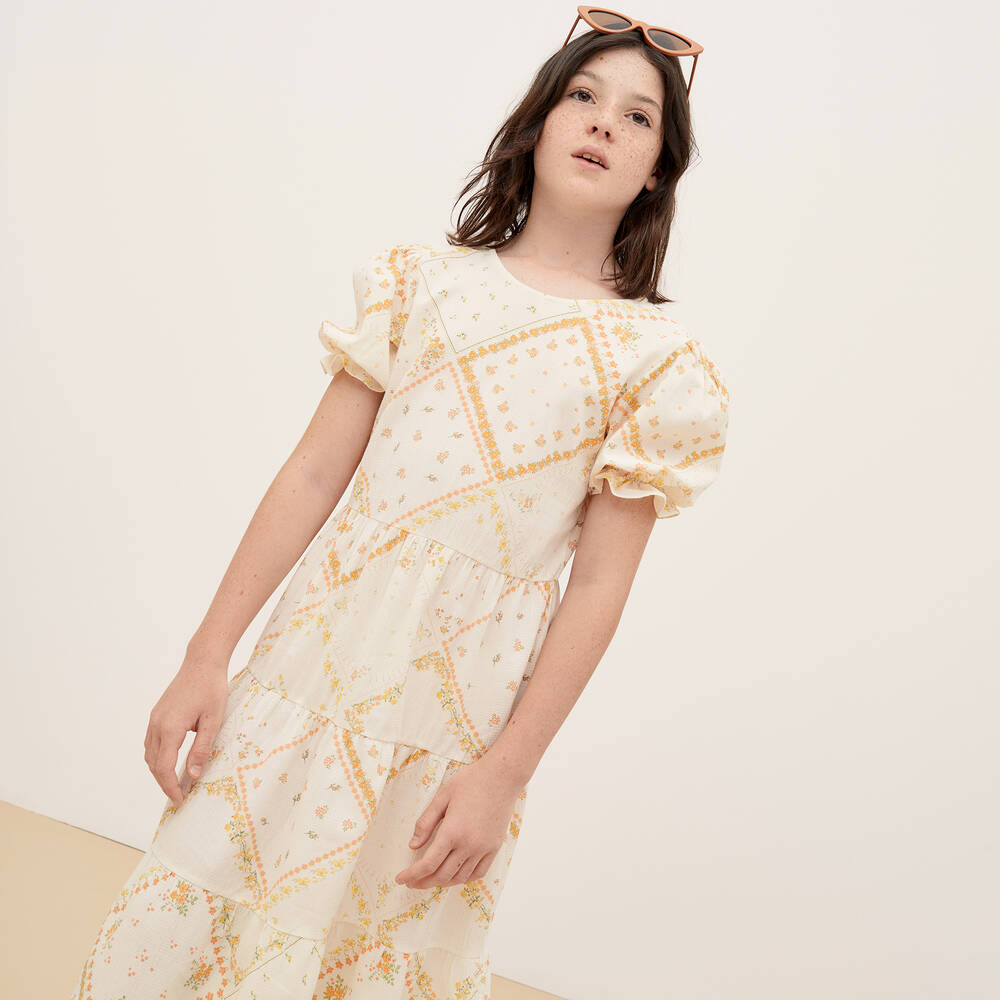 The New Society-فستان قطن عضوي وفيسكوز لون عاجي بطبعة ورود | Childrensalon Outlet