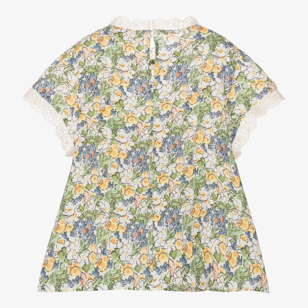 The New Society-Girls Ivory & Green Floral Linen Blouse | Childrensalon Outlet