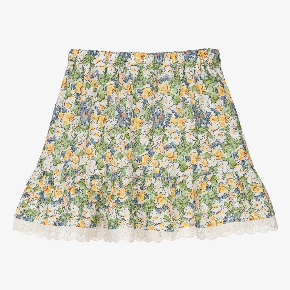 The New Society-Girls Ivory & Green Floral Linen Skirt | Childrensalon Outlet