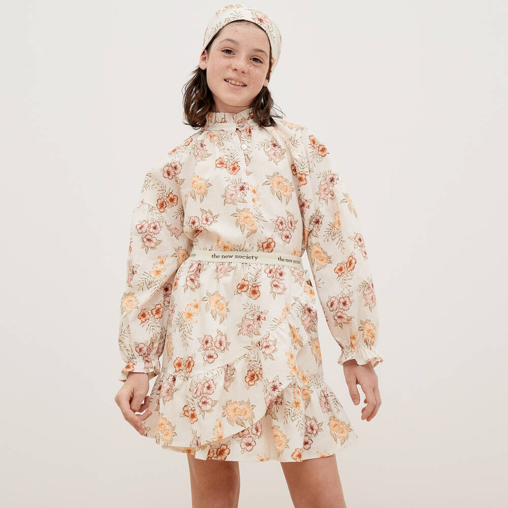 The New Society-بلوز قطن وكتان لون عاجي وأحمر بطبعة ورود للبنات | Childrensalon Outlet