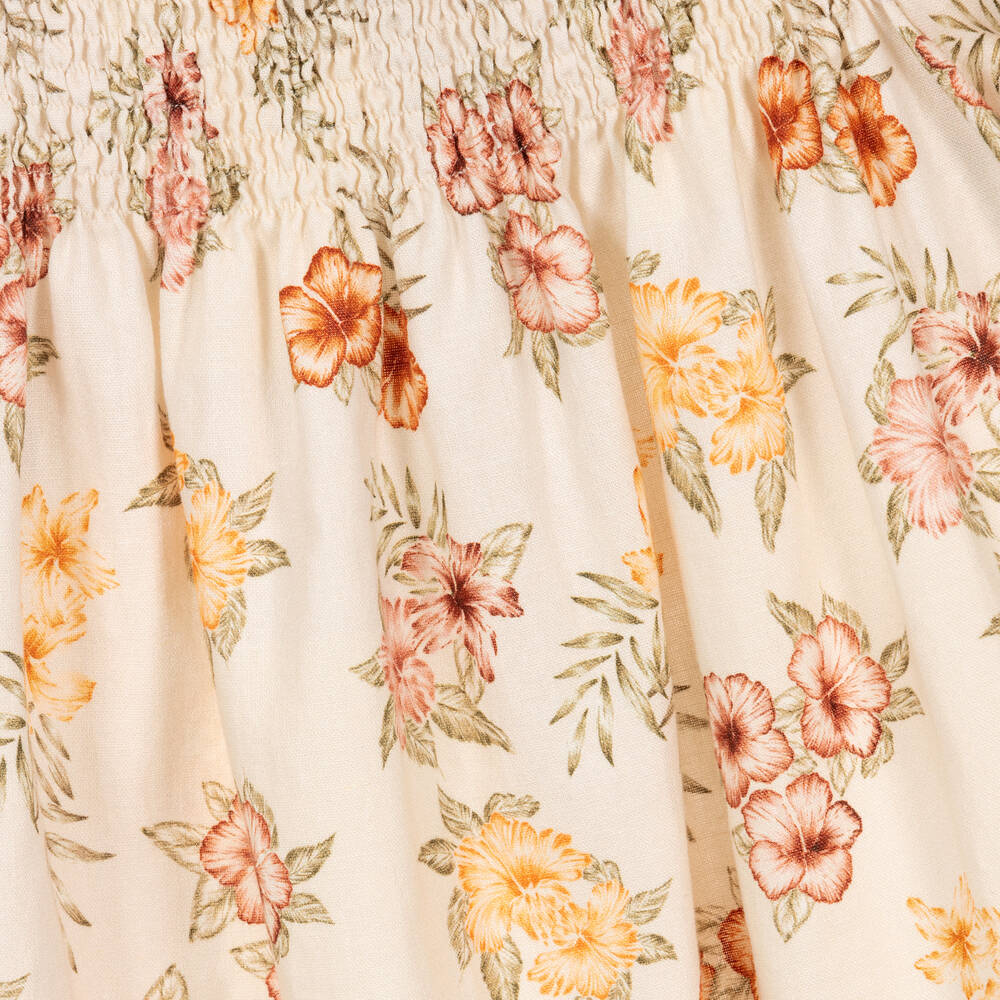 The New Society-فستان قطن وكتان لون عاجي وأحمر بطبعة ورود | Childrensalon Outlet