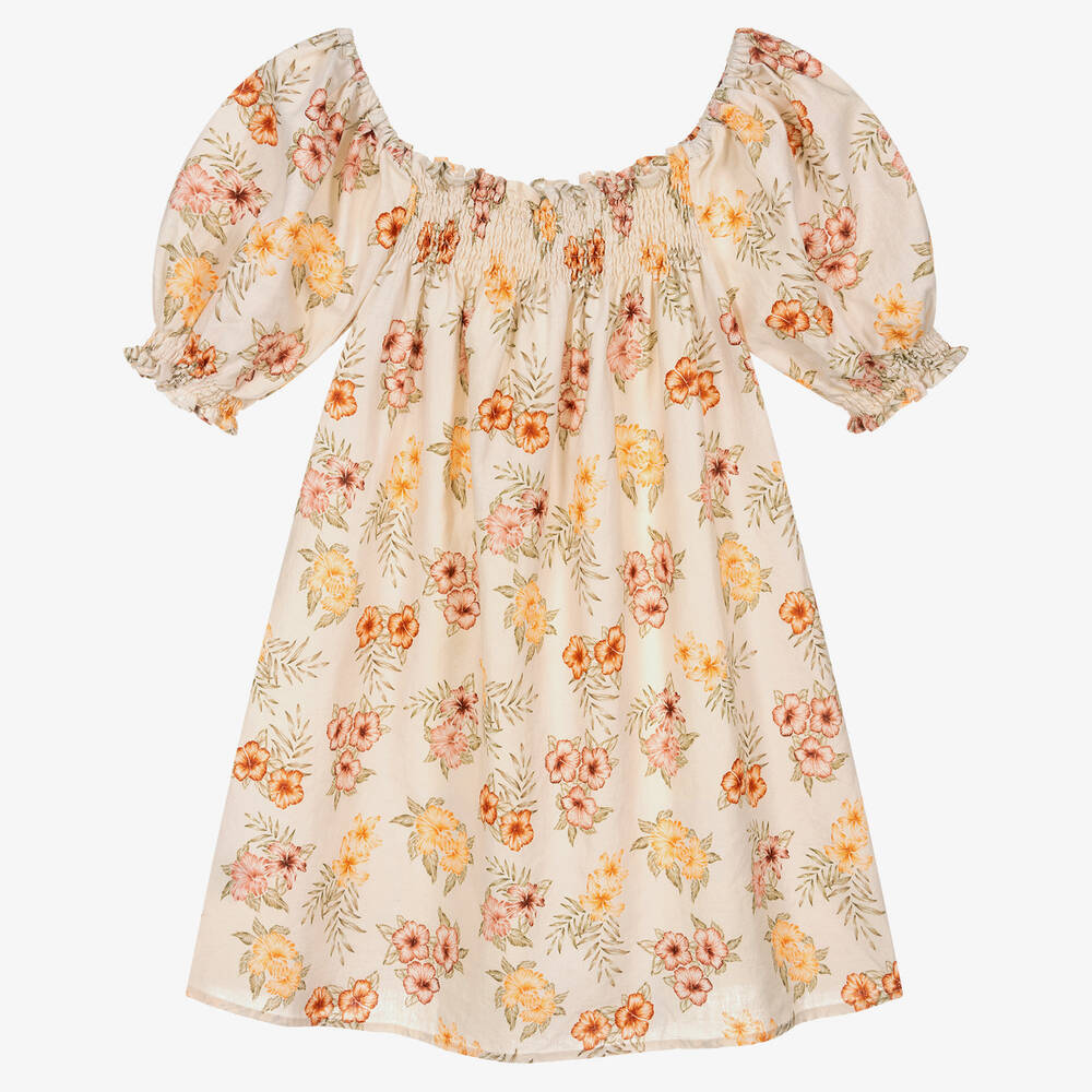 The New Society-فستان قطن وكتان لون عاجي وأحمر بطبعة ورود | Childrensalon Outlet