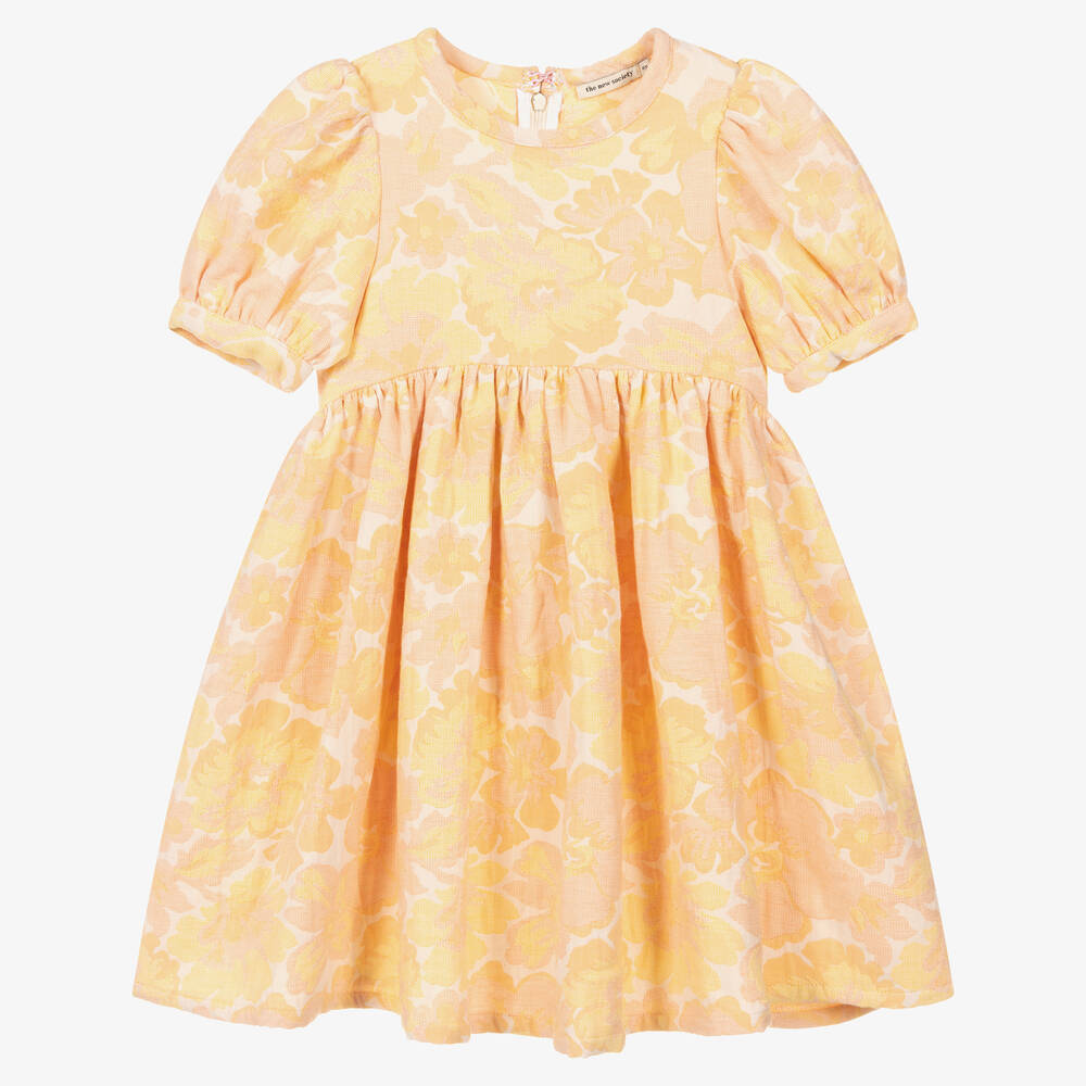 The New Society - Robe orange en jacquard à fleurs | Childrensalon