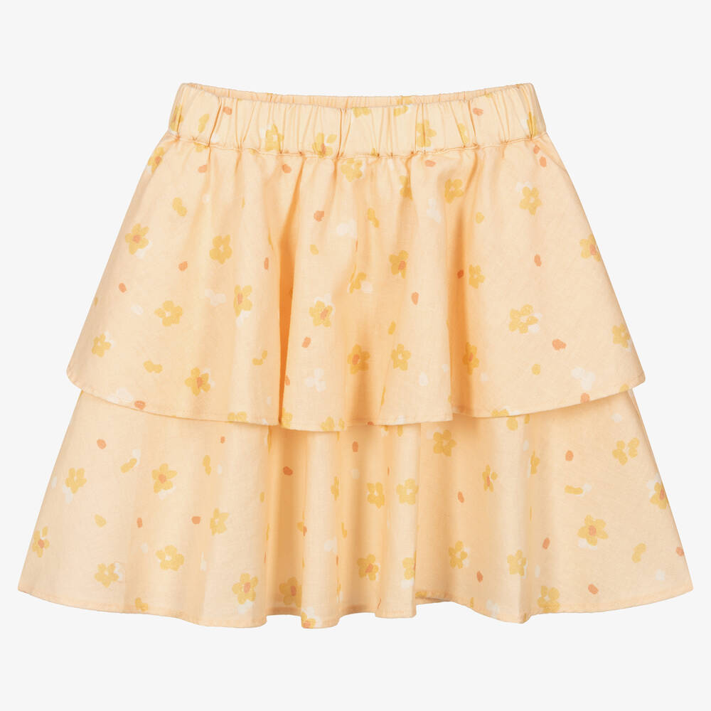 The New Society - Girls Orange Floral Linen Skirt | Childrensalon