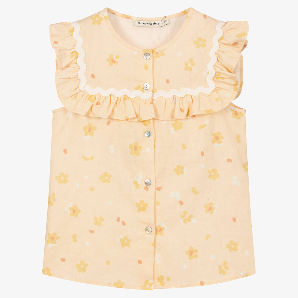 The New Society - Girls Orange Linen Floral Blouse | Childrensalon