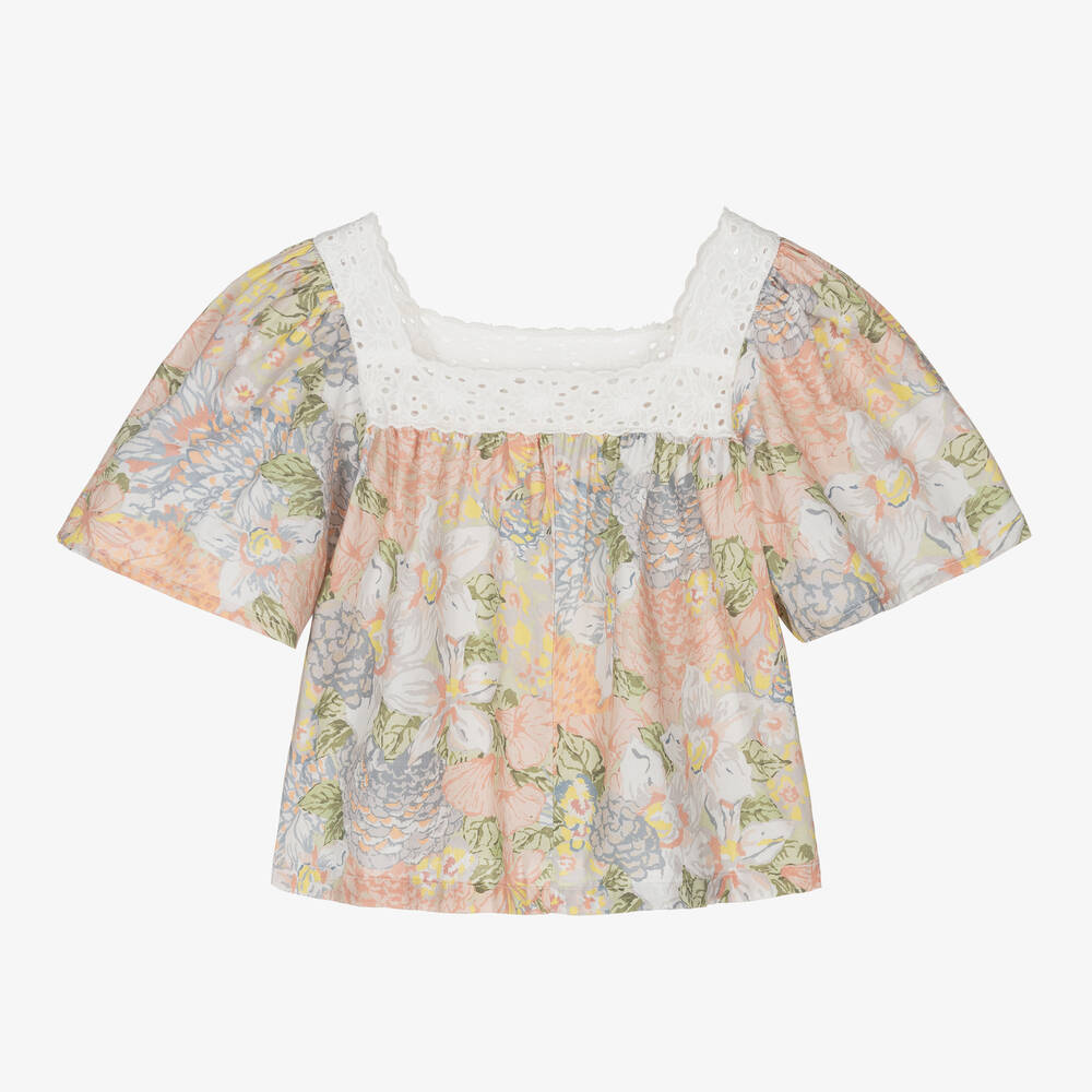 The New Society-بلوزة قطن عضوي لون أخضر وزهري بطبعة ورود | Childrensalon Outlet