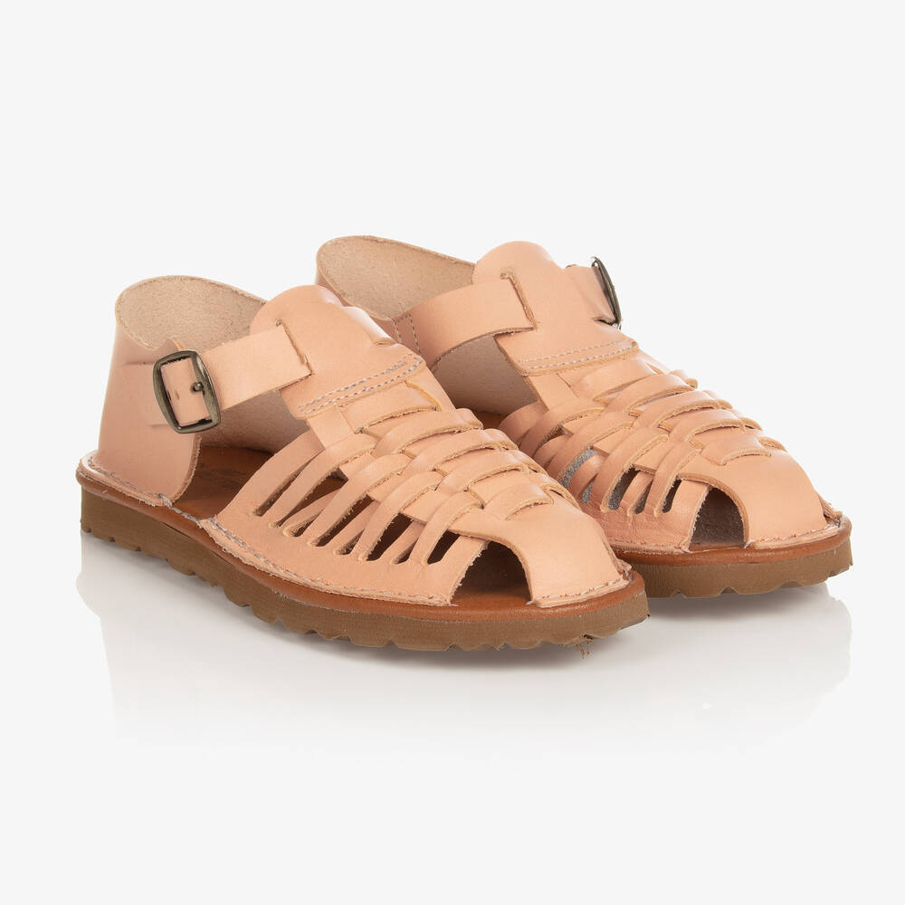 The New Society - Girls Pink Leather Woven Sandals  | Childrensalon