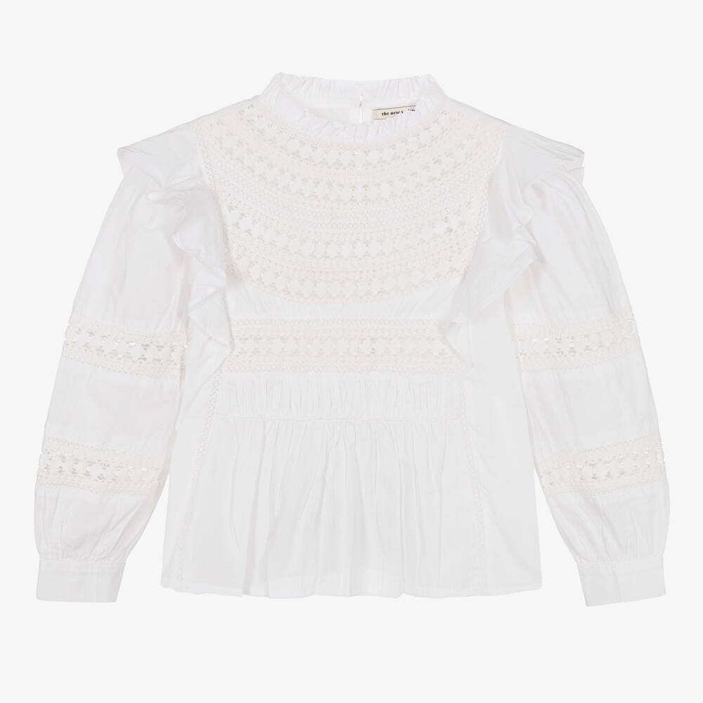 The New Society - Girls White Cotton Lace & Ruffle Blouse | Childrensalon