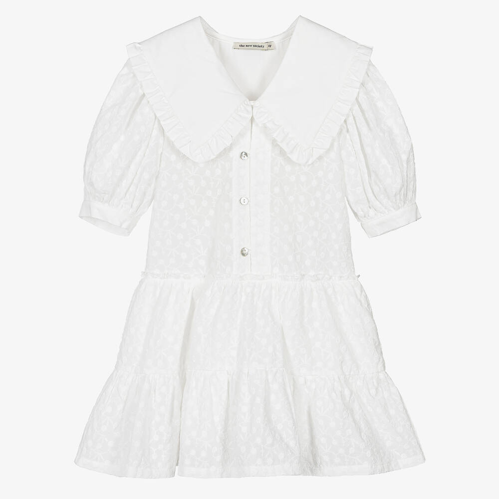 The New Society - Girls White Floral Embroidered Dress | Childrensalon