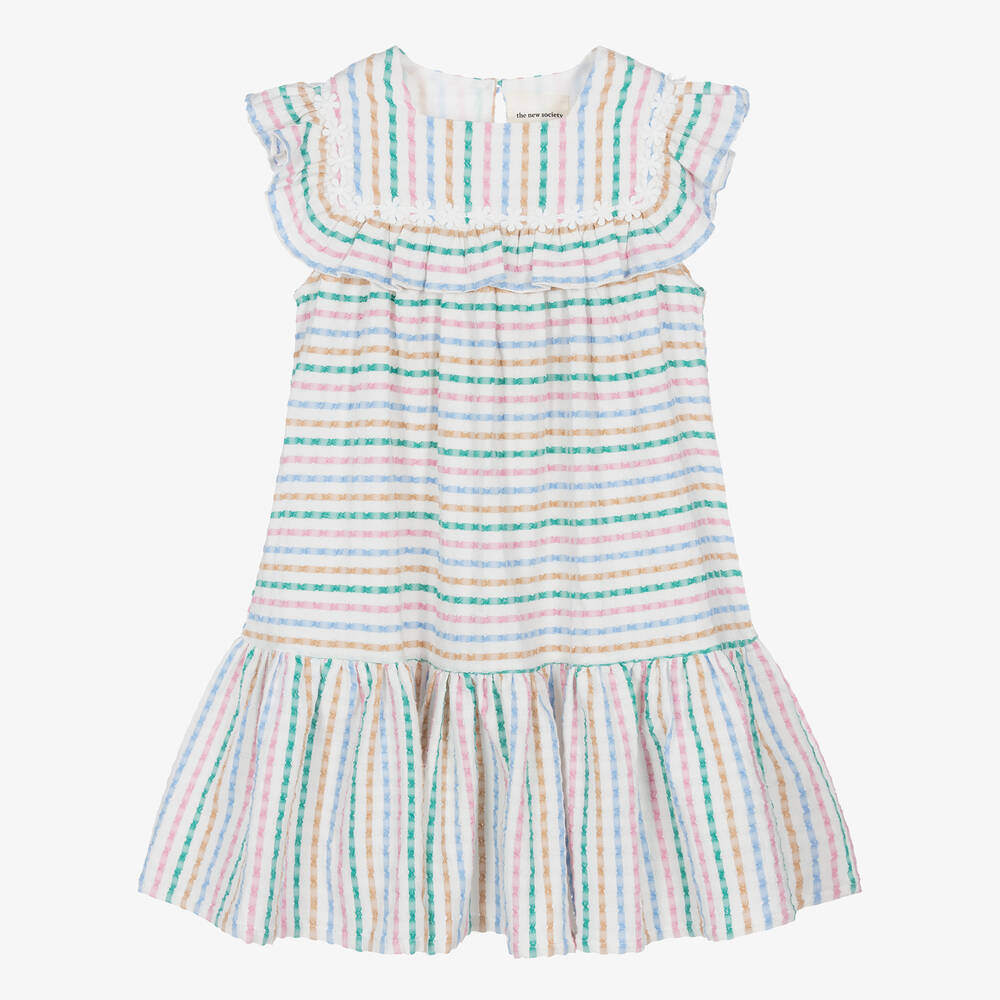 The New Society-Girls White Striped Cotton Dress | Childrensalon Outlet
