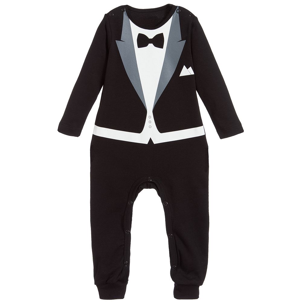 The Tiny Universe - Black Jersey Tuxedo Babysuit | Childrensalon