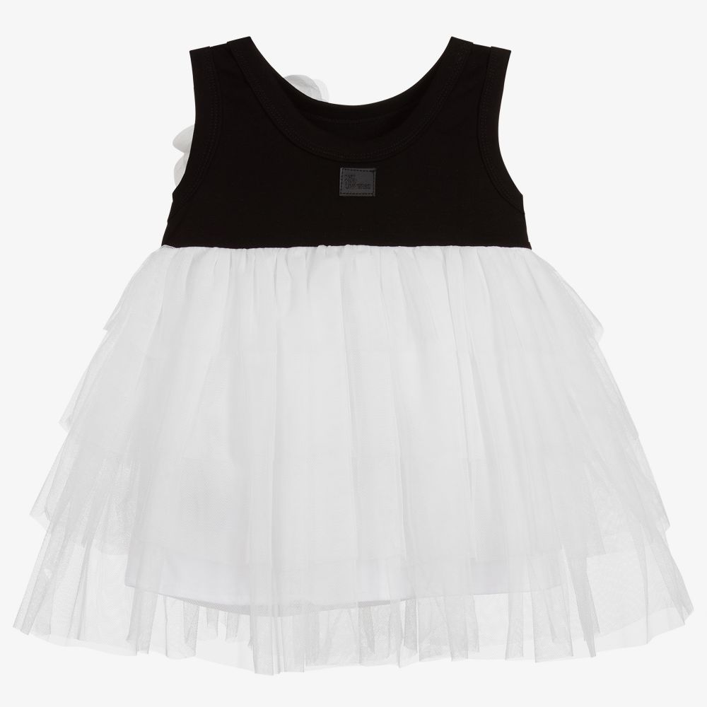 The Tiny Universe-فستان قطن عضوي جيرسي وتول لون أسود وأبيض | Childrensalon Outlet