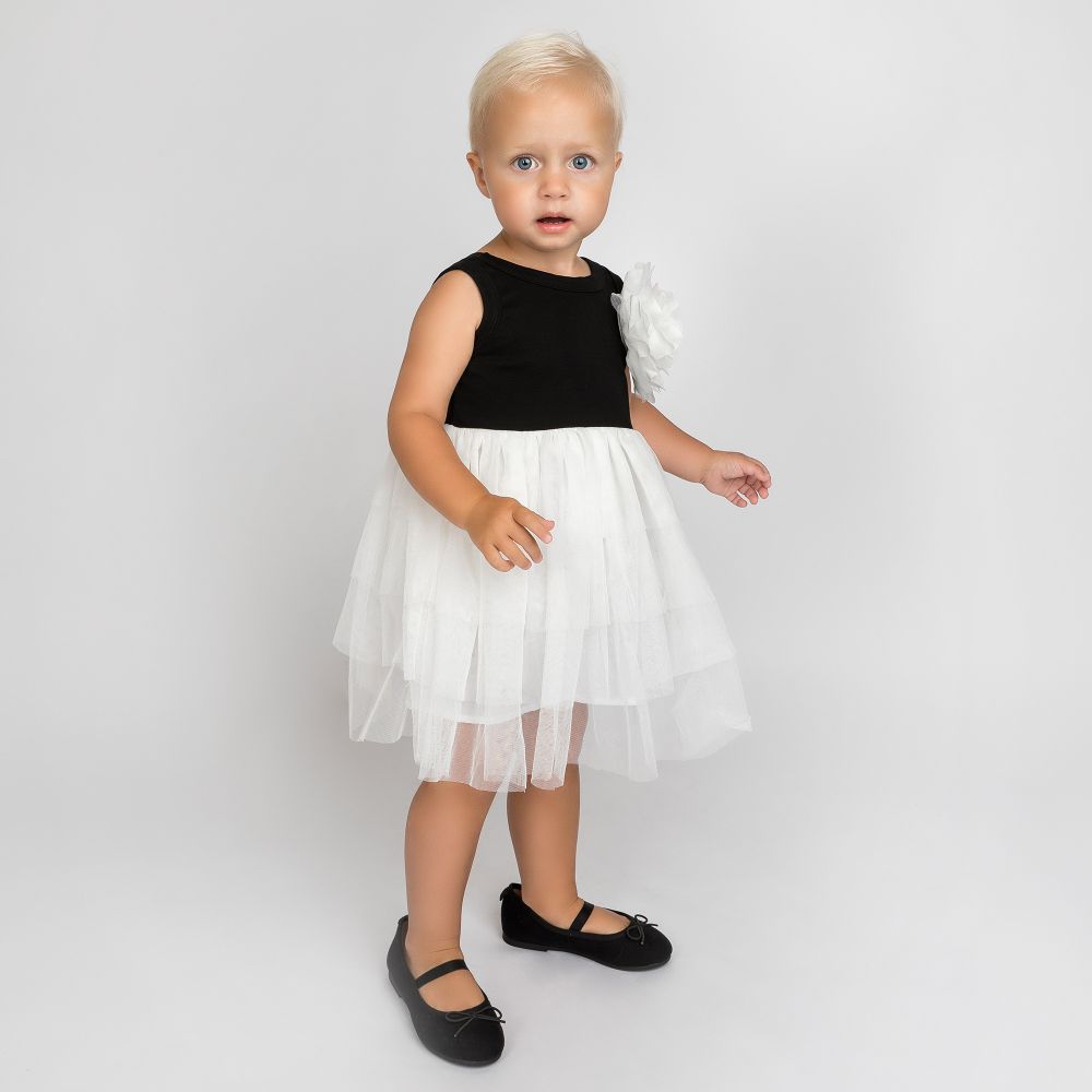 The Tiny Universe-فستان قطن عضوي جيرسي وتول لون أسود وأبيض | Childrensalon Outlet