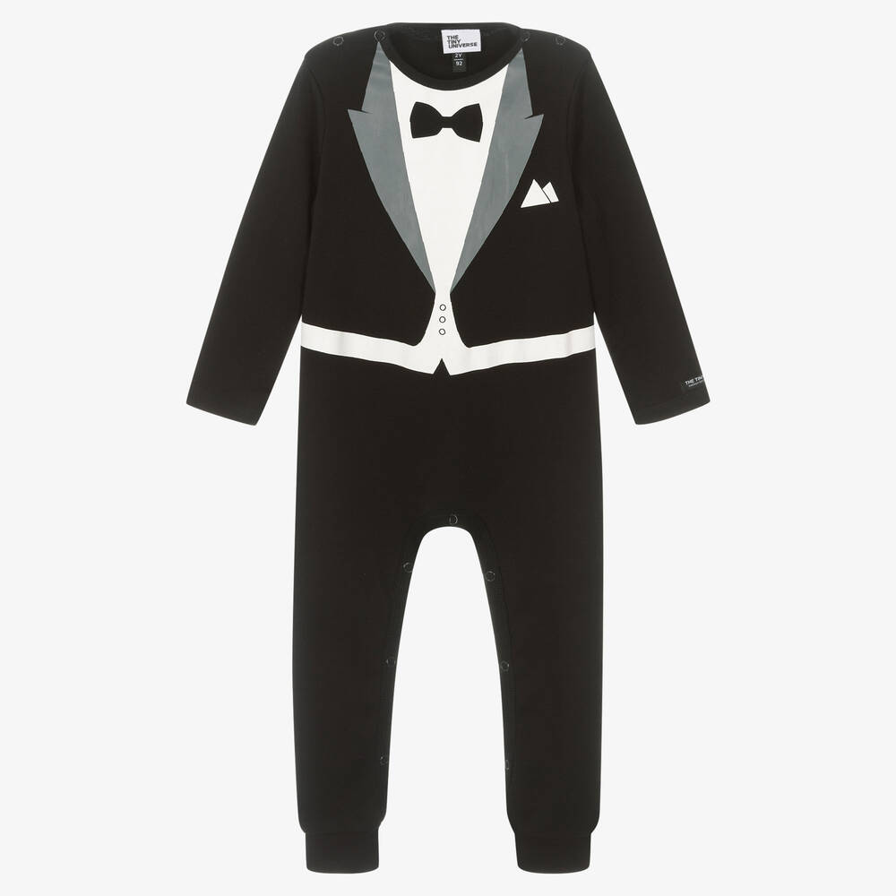 The Tiny Universe - Boys Black Cotton Tuxedo Romper | Childrensalon