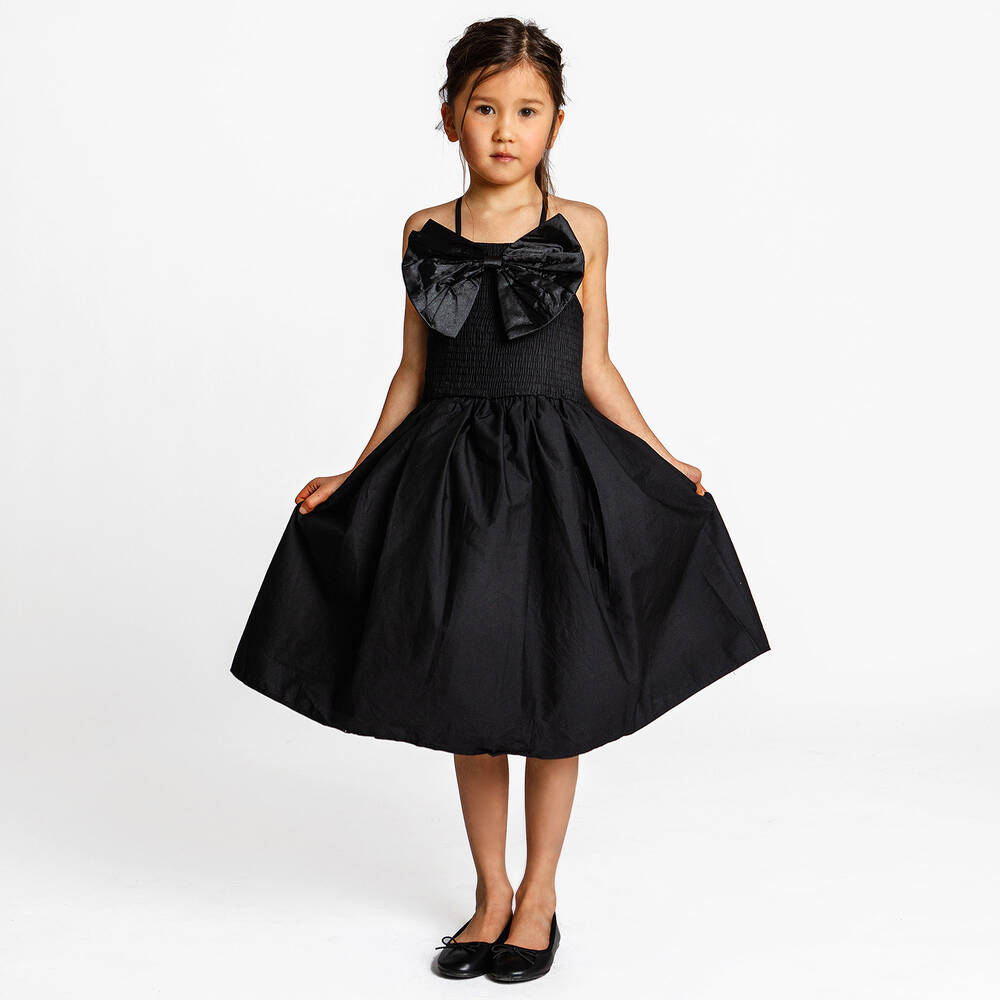 The Tiny Universe-Girls Black Cotton Poplin Bow Dress | Childrensalon Outlet