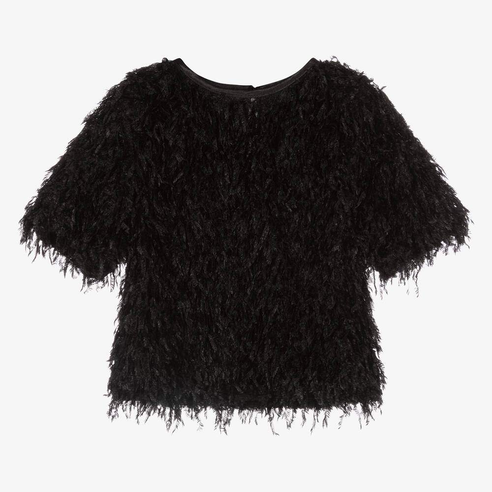 The Tiny Universe-Girls Black Fluffy T-Shirt | Childrensalon Outlet