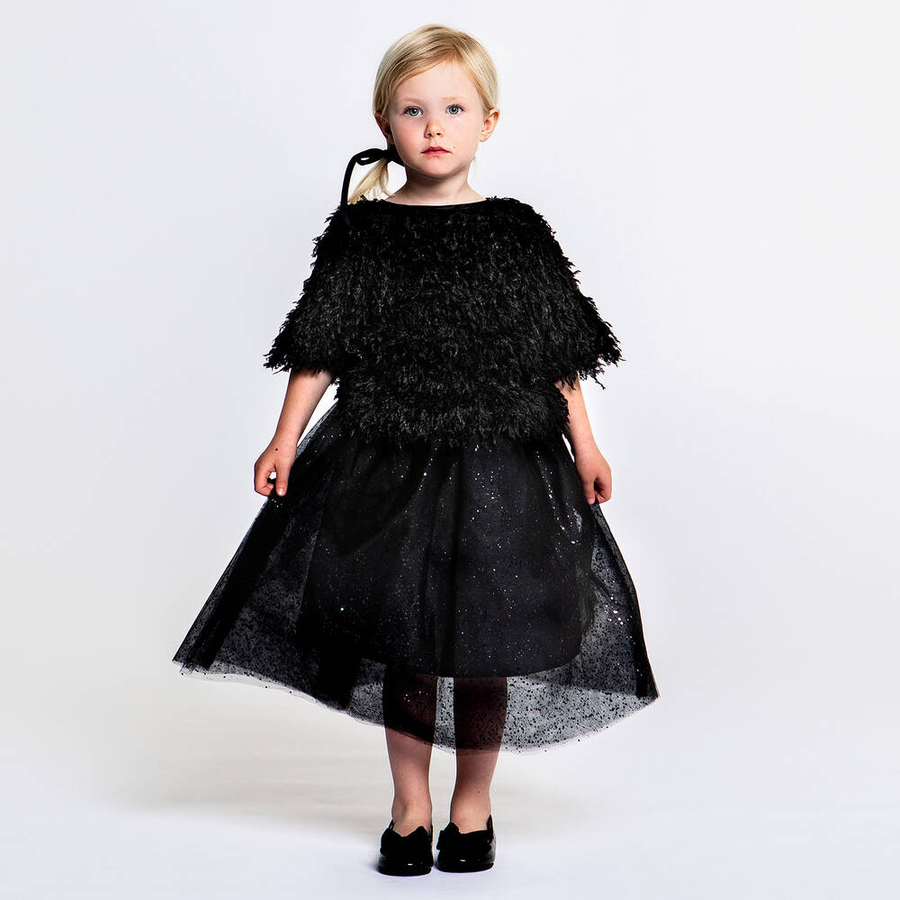 The Tiny Universe-Girls Black Fluffy T-Shirt | Childrensalon Outlet