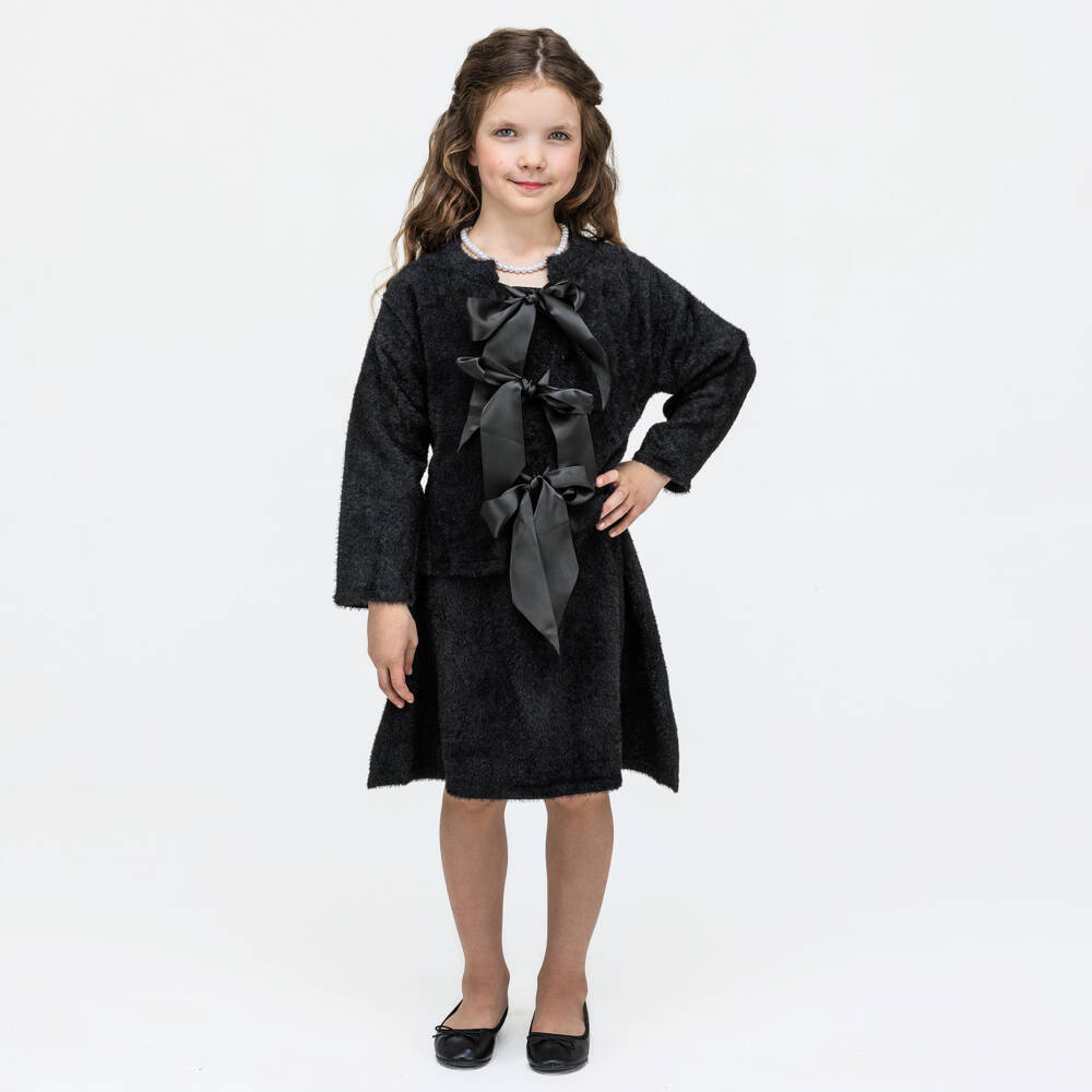 The Tiny Universe-Girls Black Satin Bow Cardigan | Childrensalon Outlet