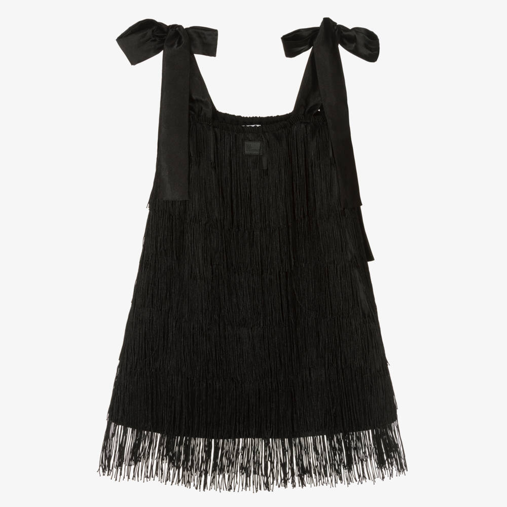 The Tiny Universe-Girls Black Satin Fringed Dress | Childrensalon Outlet