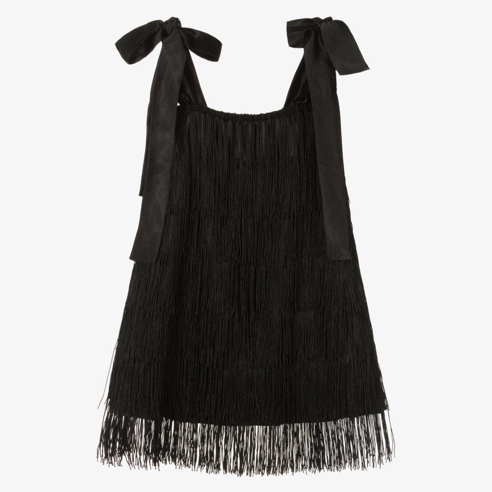 The Tiny Universe-Girls Black Satin Fringed Dress | Childrensalon Outlet