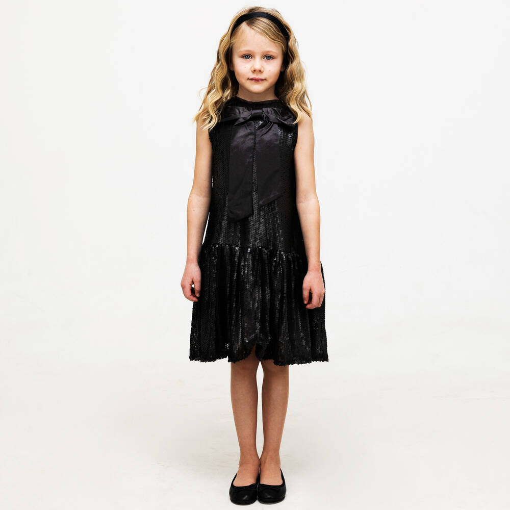 The Tiny Universe-Girls Black Sequin Bow Dress | Childrensalon Outlet