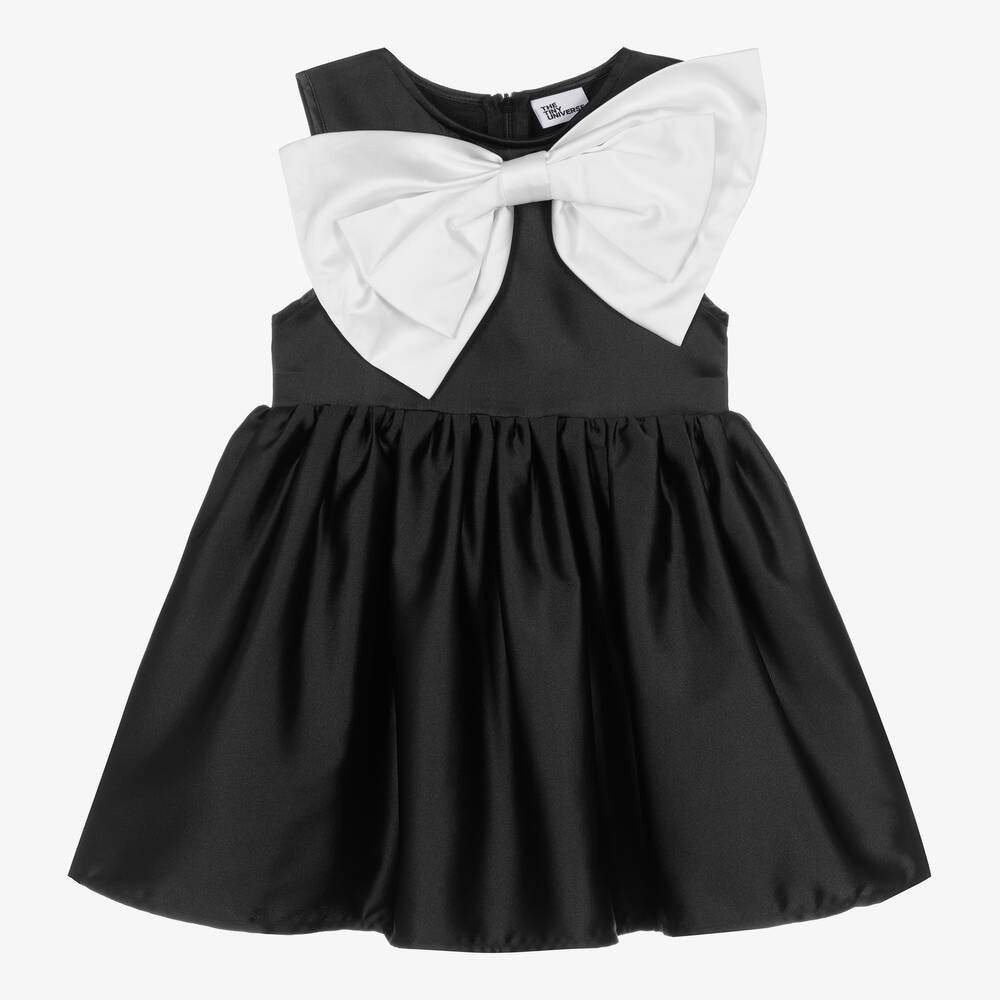 The Tiny Universe - Girls Black & White Satin Bow Dress | Childrensalon