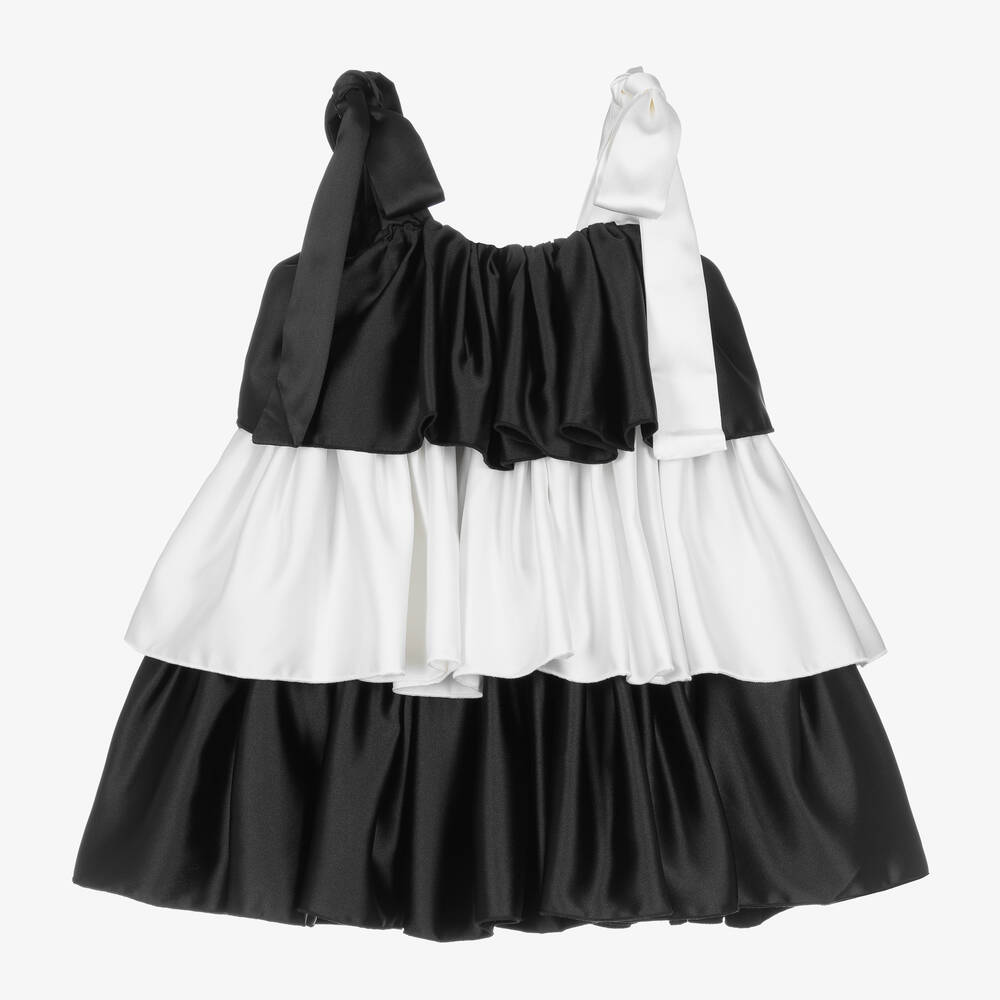 Girls Black White Satin Dress
