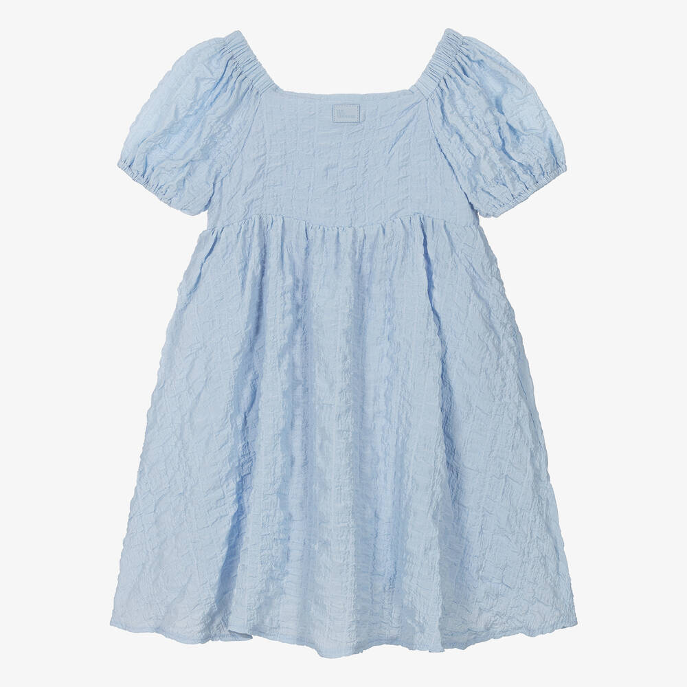 The Tiny Universe - Girls Blue Crêpe Puff Sleeve Dress | Childrensalon ...