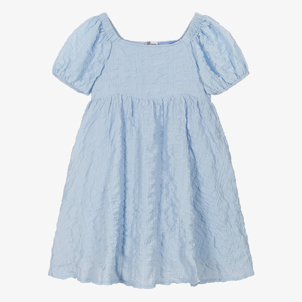 The Tiny Universe - Girls Blue Crêpe Puff Sleeve Dress | Childrensalon