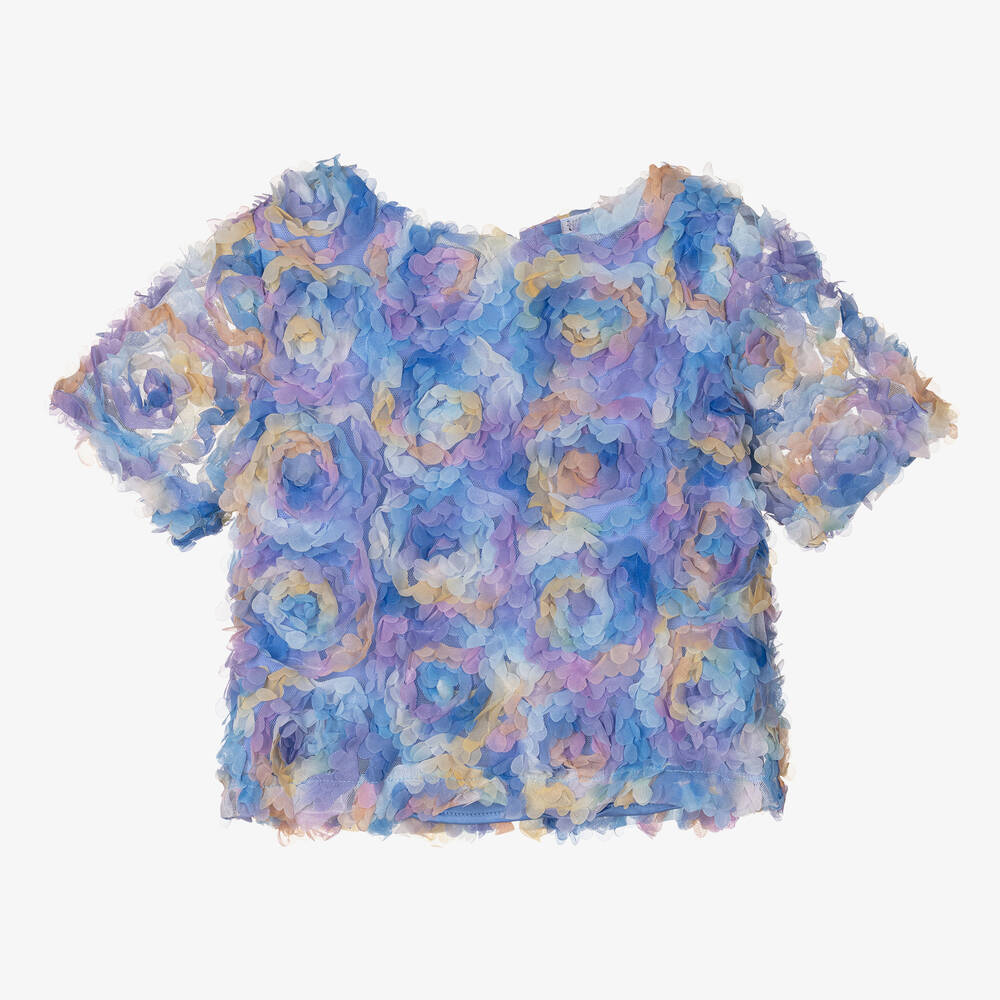 The Tiny Universe - Girls Blue Floral Tulle Blouse | Childrensalon