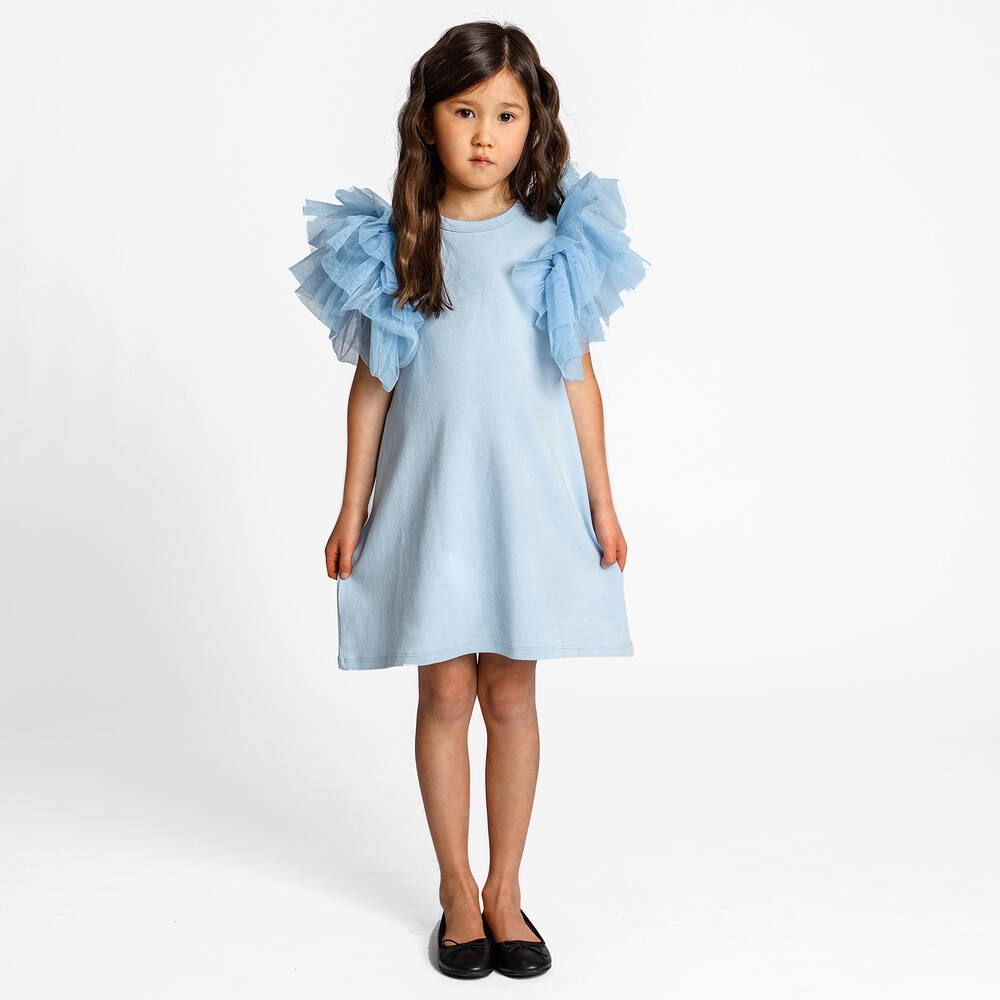 The Tiny Universe-Girls Blue Organic Cotton Ruffle Dress | Childrensalon Outlet