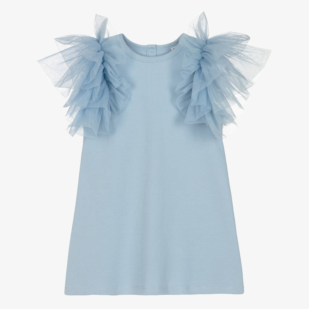 The Tiny Universe-Girls Blue Organic Cotton Ruffle Dress | Childrensalon Outlet