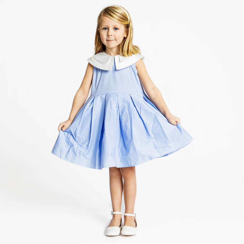 The Tiny Universe-فستان قطن بوبلين مزين بكشكش لون أزرق وأبيض | Childrensalon Outlet