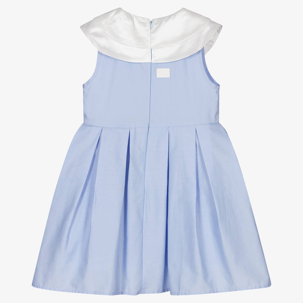 The Tiny Universe-فستان قطن بوبلين مزين بكشكش لون أزرق وأبيض | Childrensalon Outlet